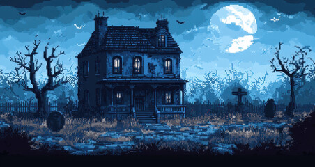 Fototapeta premium Retro Haunted Mansion in Surreal 8-Bit Aesthetic with Text Space, Haunted Mansion Setting and Blend Mode Finish