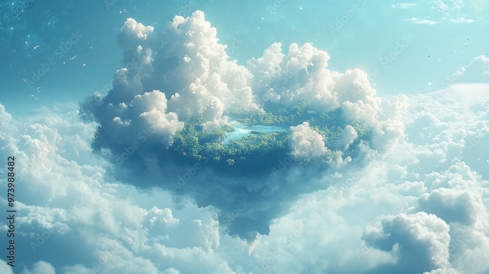 Poster tranquil floating sky island with pixel clouds and ethereal fusion effect | minimalistic heavenly la