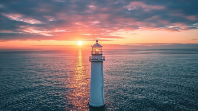 A stunning lighthouse stands tall against a vibrant sunset, illuminating the serene ocean waters in a picturesque coastal scene.
