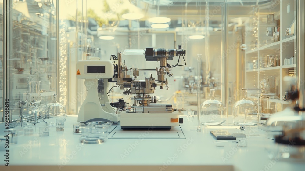 Poster retro-futuristic lab scene with minimalistic machinery and surreal design elements for copy space in