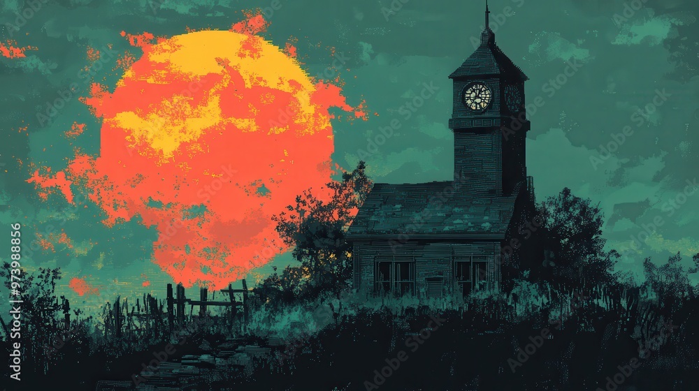 Poster pixelated clock tower in mysterious whimsical environment with copy space for text