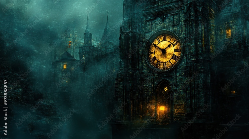 Poster whimsical pixelated clock tower in a mysterious environment with copy space for text