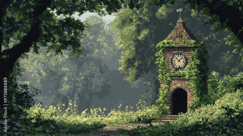 Poster mystical pixelated clock tower in whimsical environment with copy space for text