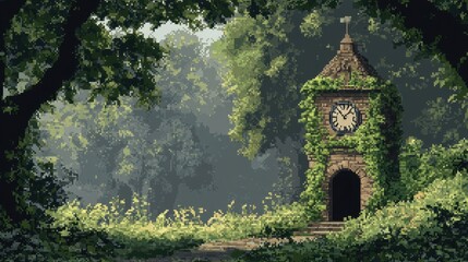 Fototapeta premium Mystical Pixelated Clock Tower in Whimsical Environment with Copy Space for Text