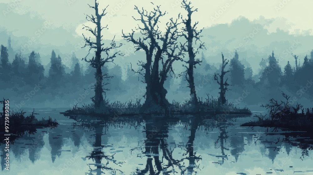 Poster pixelated swamp dreamscape with minimalistic trees in ethereal overlay technique for copy space, mis