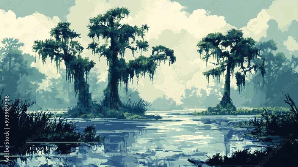 Aufkleber mystical retro pixel art of swamp scene with minimalistic trees and copy space in ethereal overlay t