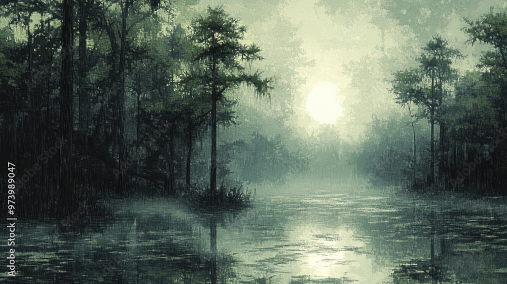 Aufkleber pixel art swamp scene with minimalistic trees and copy space in ethereal overlay style