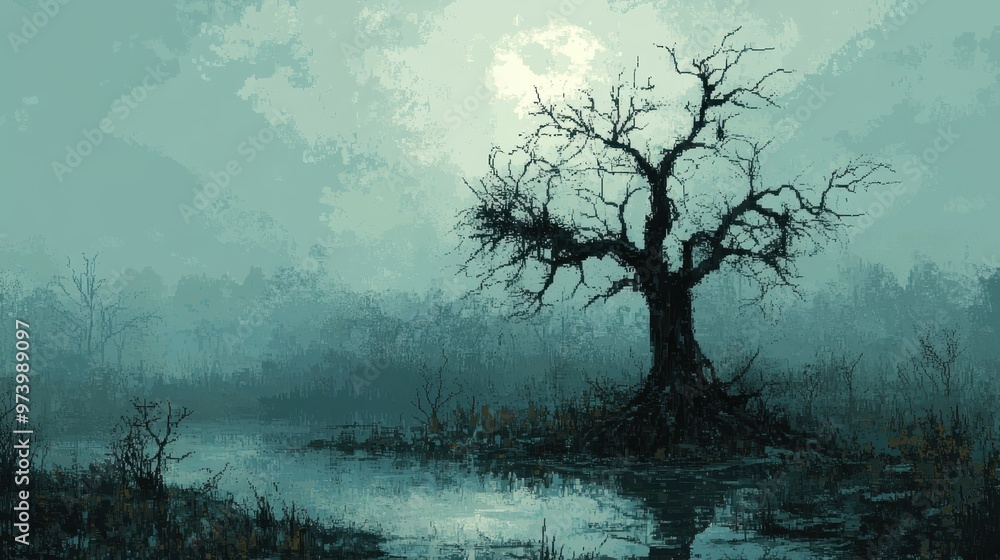 Aufkleber pixel art retro swamp scene with minimalistic trees and copy space in ethereal overlay technique