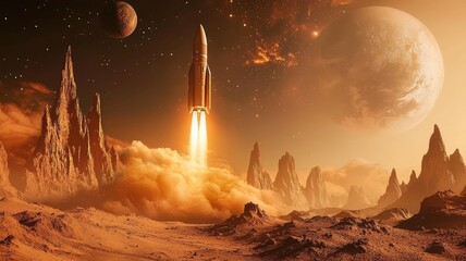 Fototapeta premium A stunning rocket launches into an orange sky, surrounded by planets and dramatic landscapes, showcasing the beauty of space exploration.