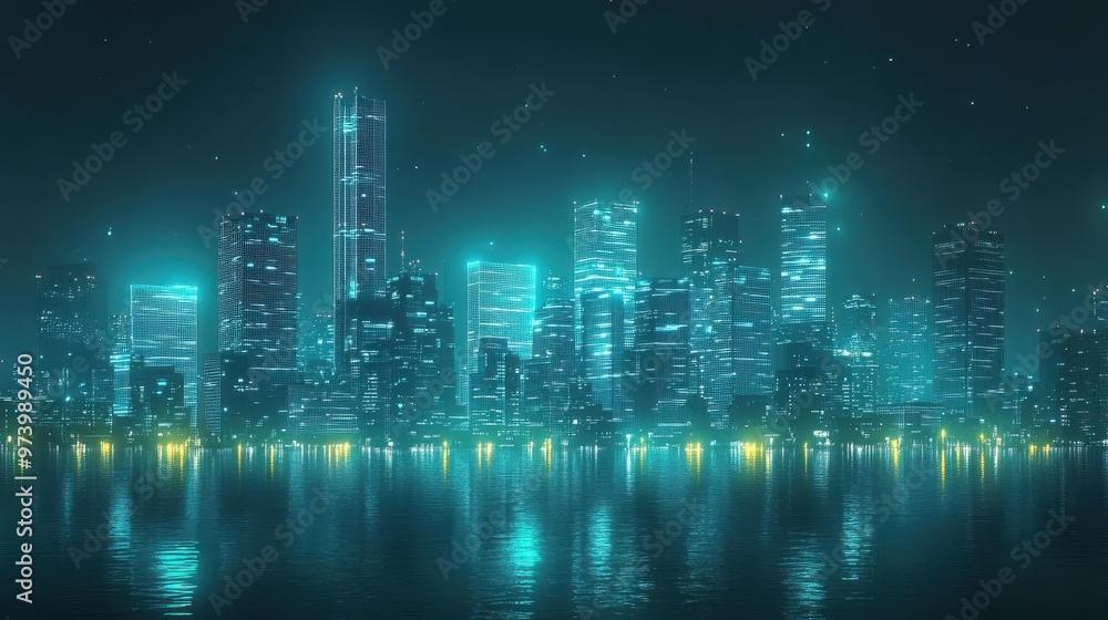 Wall mural glowing futuristic pixelated city skyline at night with copy space for text overlay technique