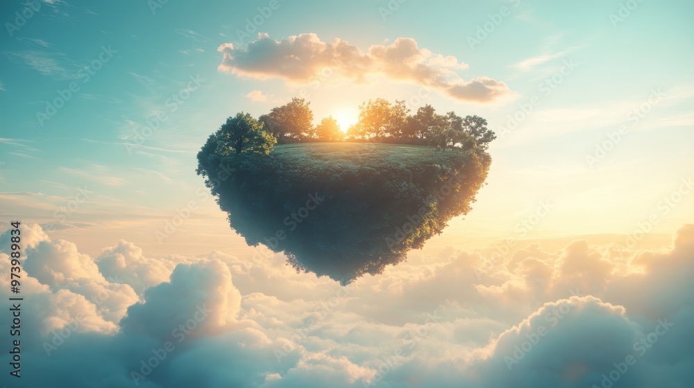 Poster dreamlike floating sky island with pixelated clouds and copy space in surreal composite illustration