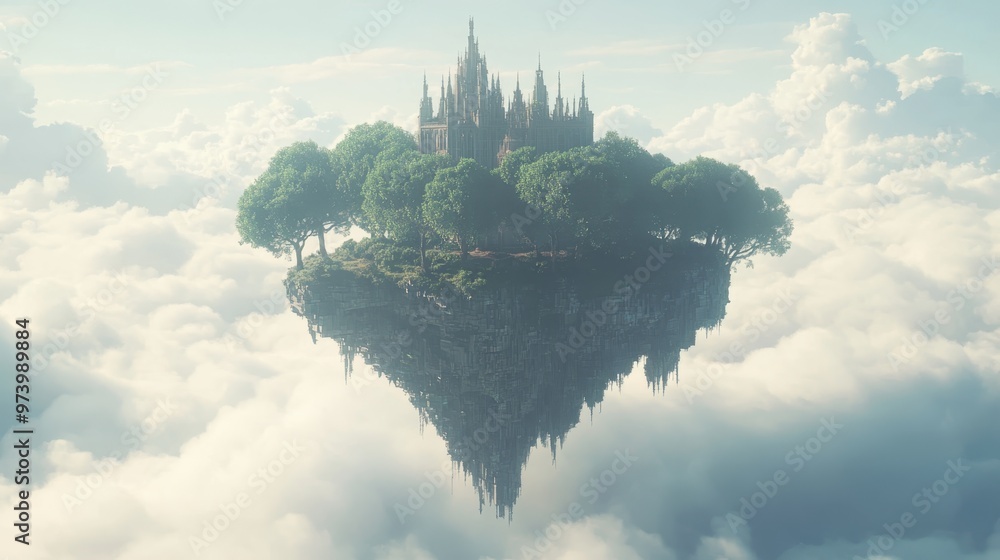 Poster dreamlike floating sky island with pixelated clouds and copy space