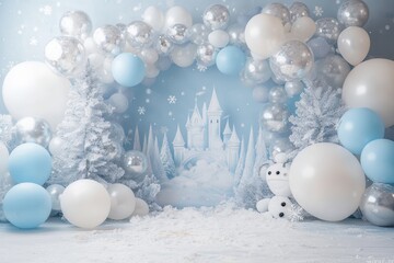 A whimsical winter wonderland scene with blue and white balloons, snowflakes, and a snowy backdrop, perfect for festive celebrations.