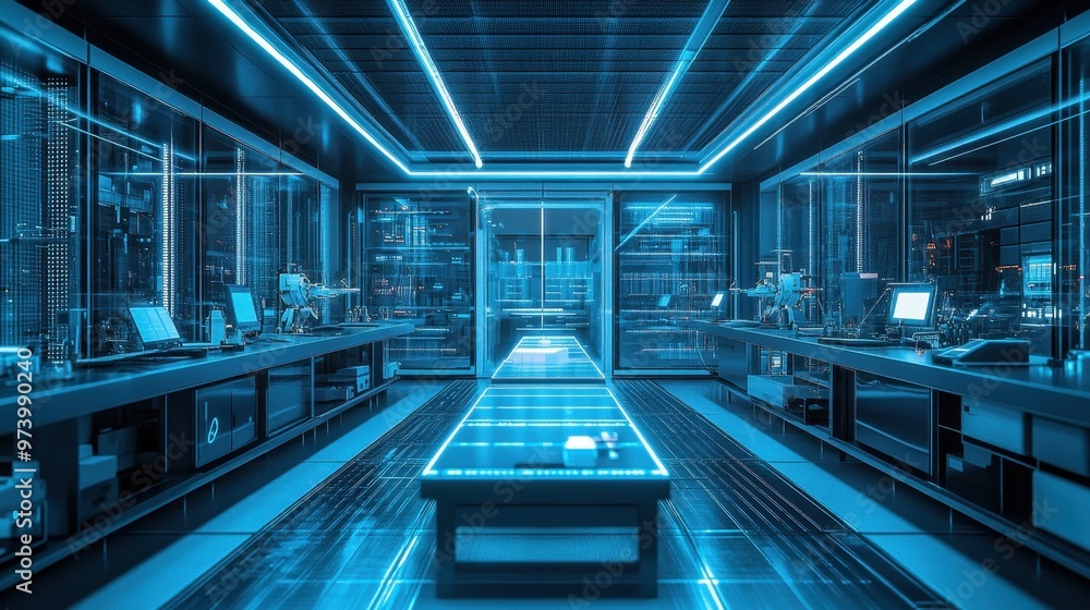Poster digital fantasy - futuristic lab with whimsical pixelated machinery in high-tech setting for copy sp