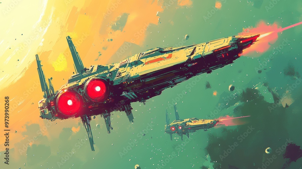 Poster galactic pixel wars - futuristic space battle arena with ethereal manipulation style and copy space 