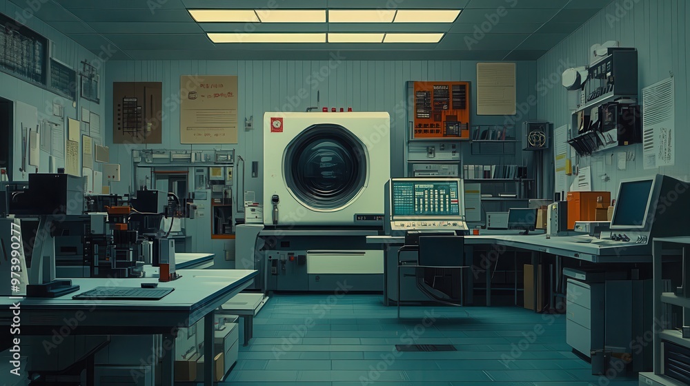 Poster digital dreams: a futuristic lab with pixelated machinery and copy space, enhanced with a whimsical 