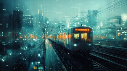 Fototapeta premium Futuristic Pixel Trains at Busy Train Station with Copy Space, Double Exposure Finish