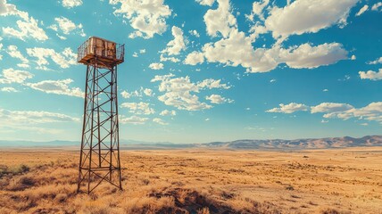 A stunning view of a water tower against a backdrop of blue sky and fluffy clouds over arid land, showcasing nature's beauty.