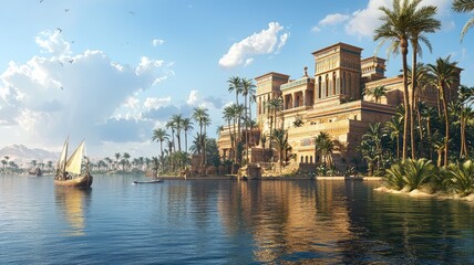 A stunning view of an ancient palace by the river, surrounded by lush palms and traditional boats under a vibrant sky.