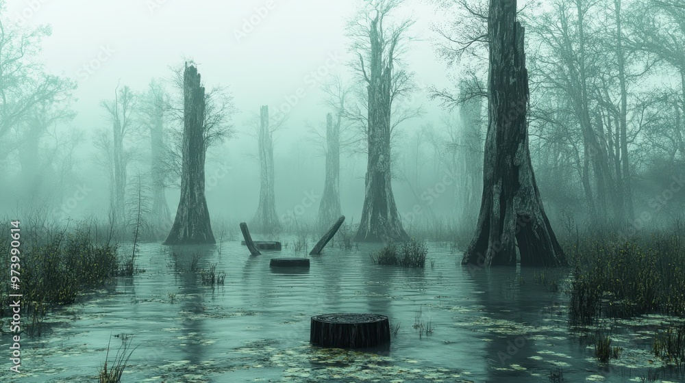 Poster mysterious pixelated swamp landscape with copy space in whimsical blend mode finish