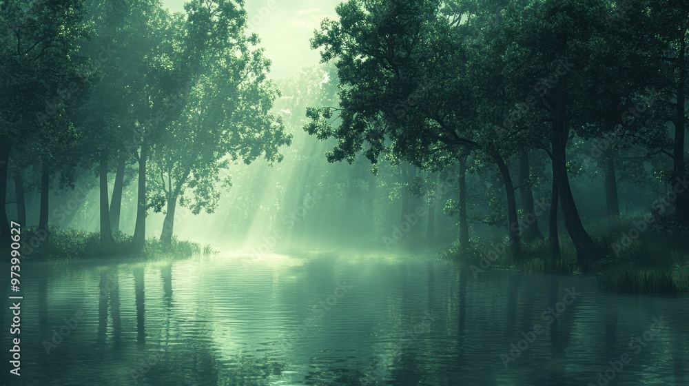 Poster pixelated swamp dreamscape with minimalistic trees and copy space in whimsical blend mode finish