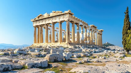 Fototapeta premium A stunning view of the Parthenon in Athens, showcasing ancient architecture against a clear blue sky.