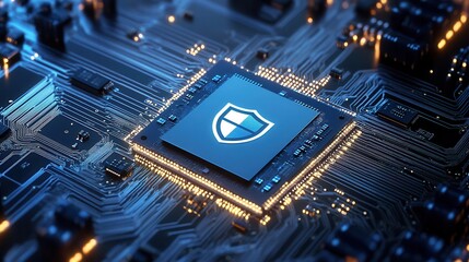 Close-up of a microprocessor with a shield icon, symbolizing advanced technology and cybersecurity in digital systems.