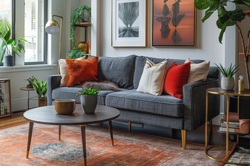 Round Accent Table with Dark Gray Wood Top and Brass Legs in Front of Grey Sofa with Gold Frame, Featuring Industrial Style Desk Lamp in Modern Living Room