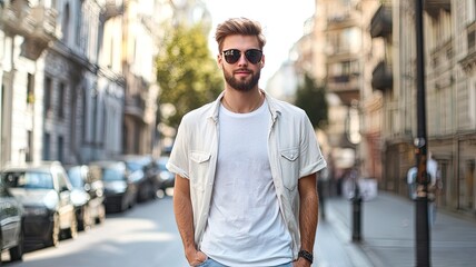 A stylish young man standing confidently in the city street, wearing sunglasses and a casual outfit, radiating a relaxed vibe.