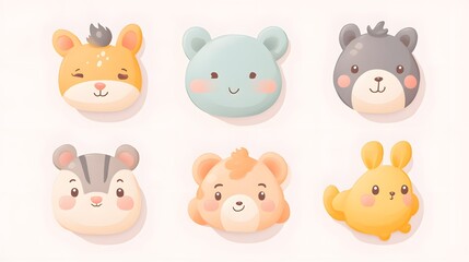 Six Cute Cartoon Animal Faces on a White Background