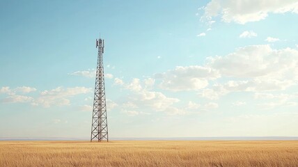 A tall communication tower stands alone in a golden field against a serene blue sky, symbolizing connectivity and technology.
