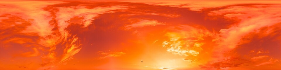 360 panorama of glowing sunset sky with bright pink Cirrus clouds. HDR 360 seamless spherical panorama. Full zenith or sky dome sky replacement for aerial drone panoramas. Climate and weather change.