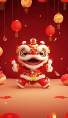 Naklejka premium Colorful lion dance character celebrating festive occasions with joy and excitement in a vibrant setting adorned with lanterns.