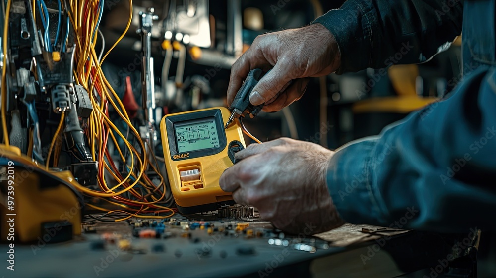 Poster a technician using a multimeter to test electrical circuits in a workshop filled with tools and wire