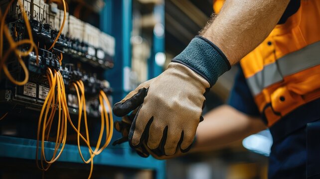 A technician wearing gloves works on electrical panels in a professional environment, ensuring safety and efficiency.