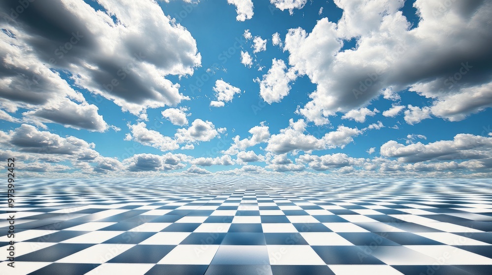 Poster the sky is filled with checkerboard-like clouds, an unusual pattern that creates a sense of order an