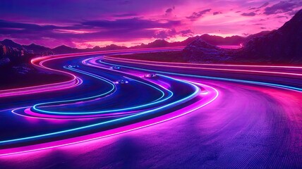 Fototapeta premium A vibrant neon light trail on a winding road during sunset, showcasing a stunning blend of colors in a serene landscape.