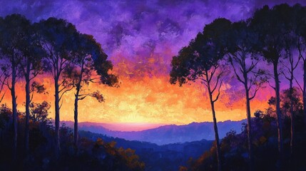 Fototapeta premium Vibrant purple and orange sky during twilight, silhouetted trees in the foreground, and soft streaks of light across the horizon.