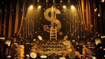 Golden Dollar Podium with Ladder and Ribbon Decoration on Black Background, Featuring Abstract Golden Letters and Floating Stars in a Hyper-Realistic, High-Detail Illustration. Luxurious and Elegant C