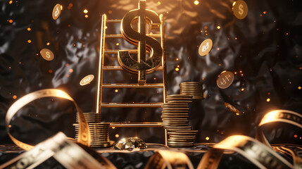 Golden Dollar Podium with Ladder and Ribbon Decoration on Black Background, Featuring Abstract Golden Letters and Floating Stars in a Hyper-Realistic, High-Detail Illustration. Luxurious and Elegant C