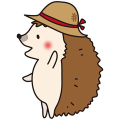 麦わら帽子をかぶって手をあげているハリネズミ