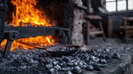 A warm medieval forge scene with glowing flames and scattered coal, capturing the essence of traditional metalworking.