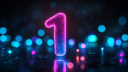 A glowing neon pink number one, on a reflective dark surface, with a background of blue, pink and purple lights, and a bokeh effect.