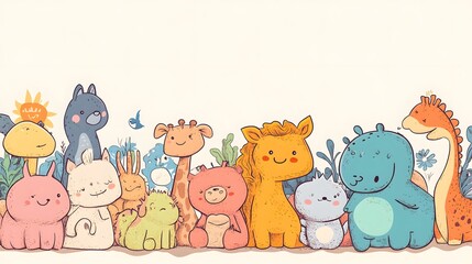 Obraz premium A group of cute cartoon animals with big smiles and colorful bodies.