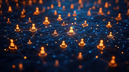 A digital network of glowing connections with icons representing people and technology on a dark blue background with orange highlights, symbolizing global internet communication.