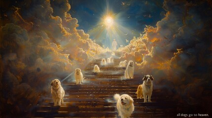 All Dogs Go to Heaven, Oil Painting Illustration, Dog Art, Heartwarming Pet Memorial Art, Stairway to Heaven, Rainbow Bridge, dpi