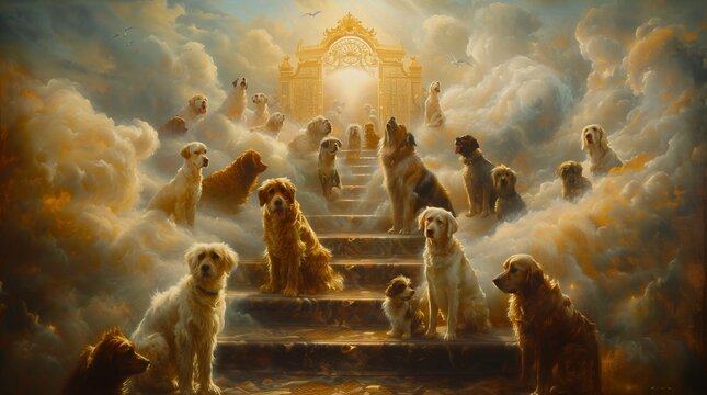 All Dogs Go to Heaven, Oil Painting Illustration, Dog Art, Heartwarming Pet Memorial Art, Stairway to Heaven, Rainbow Bridge, dpi
