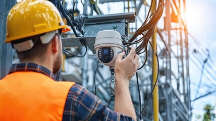 A worker in a safety vest and helmet installs a camera at a construction site, ensuring secure monitoring and safety.