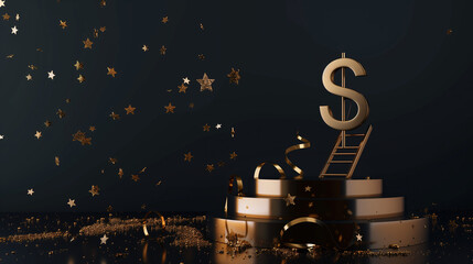 Golden Dollar Podium with Ladder and Ribbon Decoration on Black Background, Featuring Abstract Golden Letters and Floating Stars in a Hyper-Realistic, High-Detail Illustration. Luxurious and Elegant C