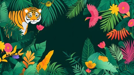 A Tiger, Bird, and Flowers Framed by Lush Green Tropical Foliage